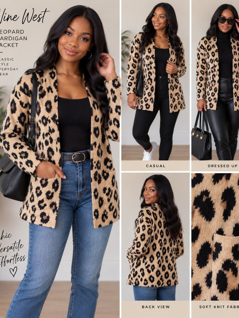 Nine West Beige Leopard Open-Front Cardigan Sweater